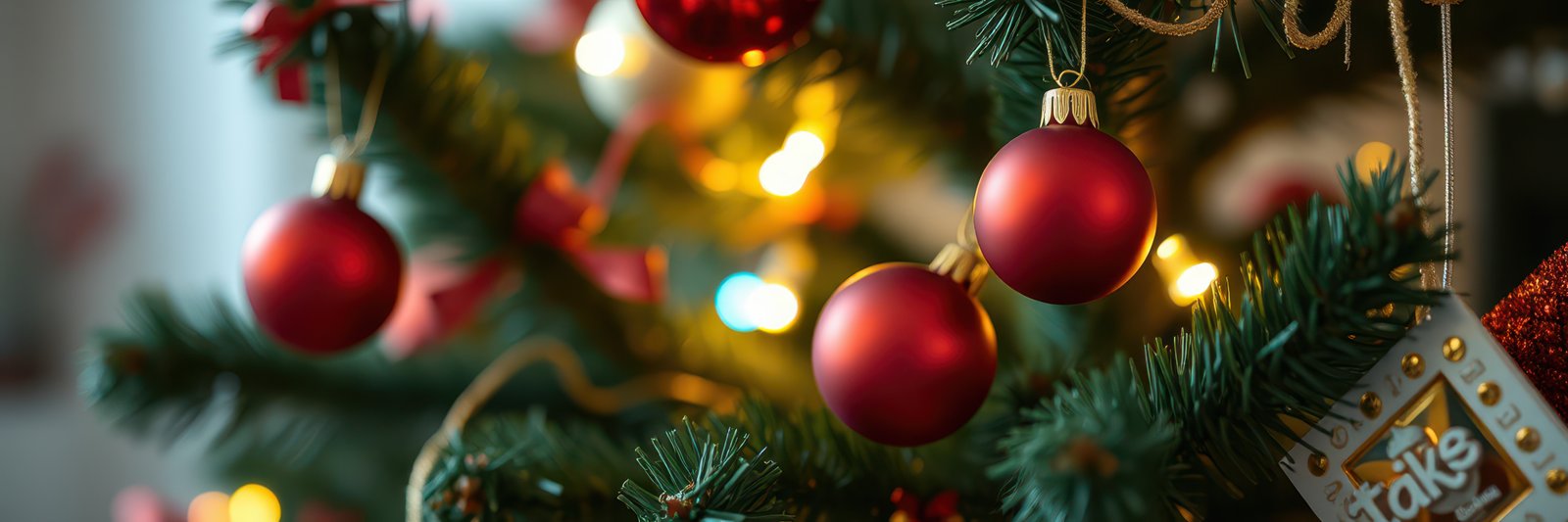Red ornaments and warm lights adorn a beautifully decorated Christmas tree during the holiday season